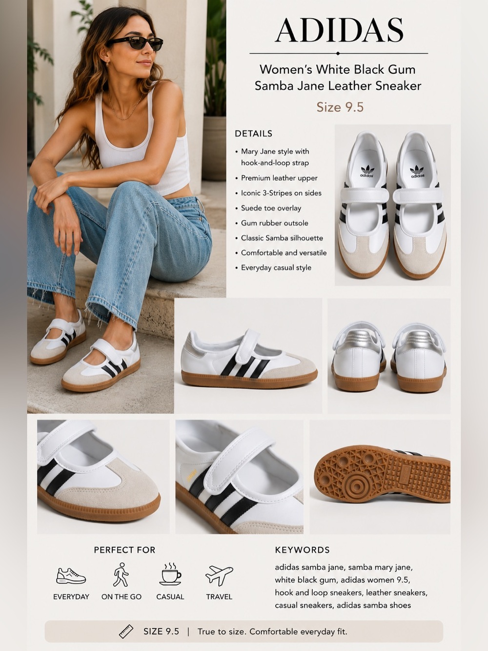 Adidas Women's White Black Gum Samba Jane Leather Sneaker Shoes Size 9.5 NWOT